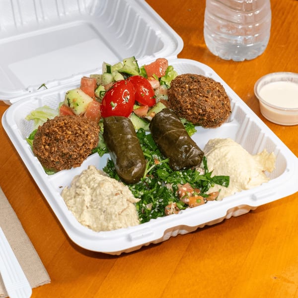Falafel King's middle-eastern platter with falafel, stuffed grape leaves, hummus, baba ghanoush, and salads.