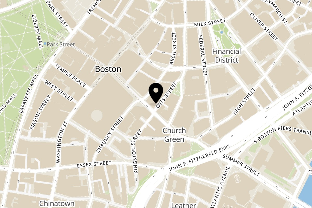 Map showing the location of Falafel King Summer Street on 62 Summer Street in Boston