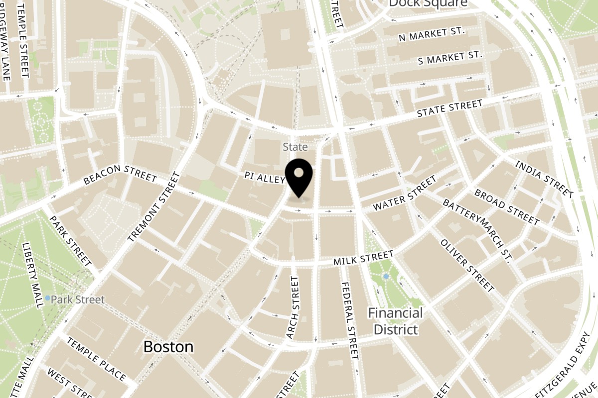 Map showing the location of Falafel King Washington Street on 260 Washington Street in Boston